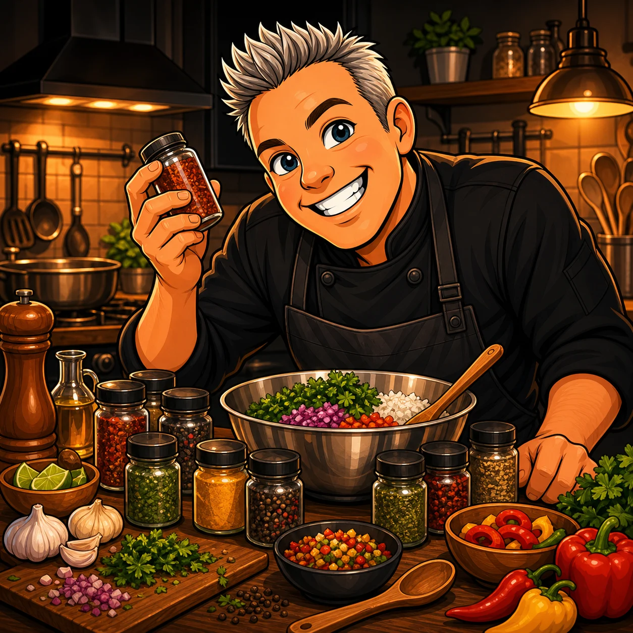 Chef Kevo preparing ingredients in the kitchen