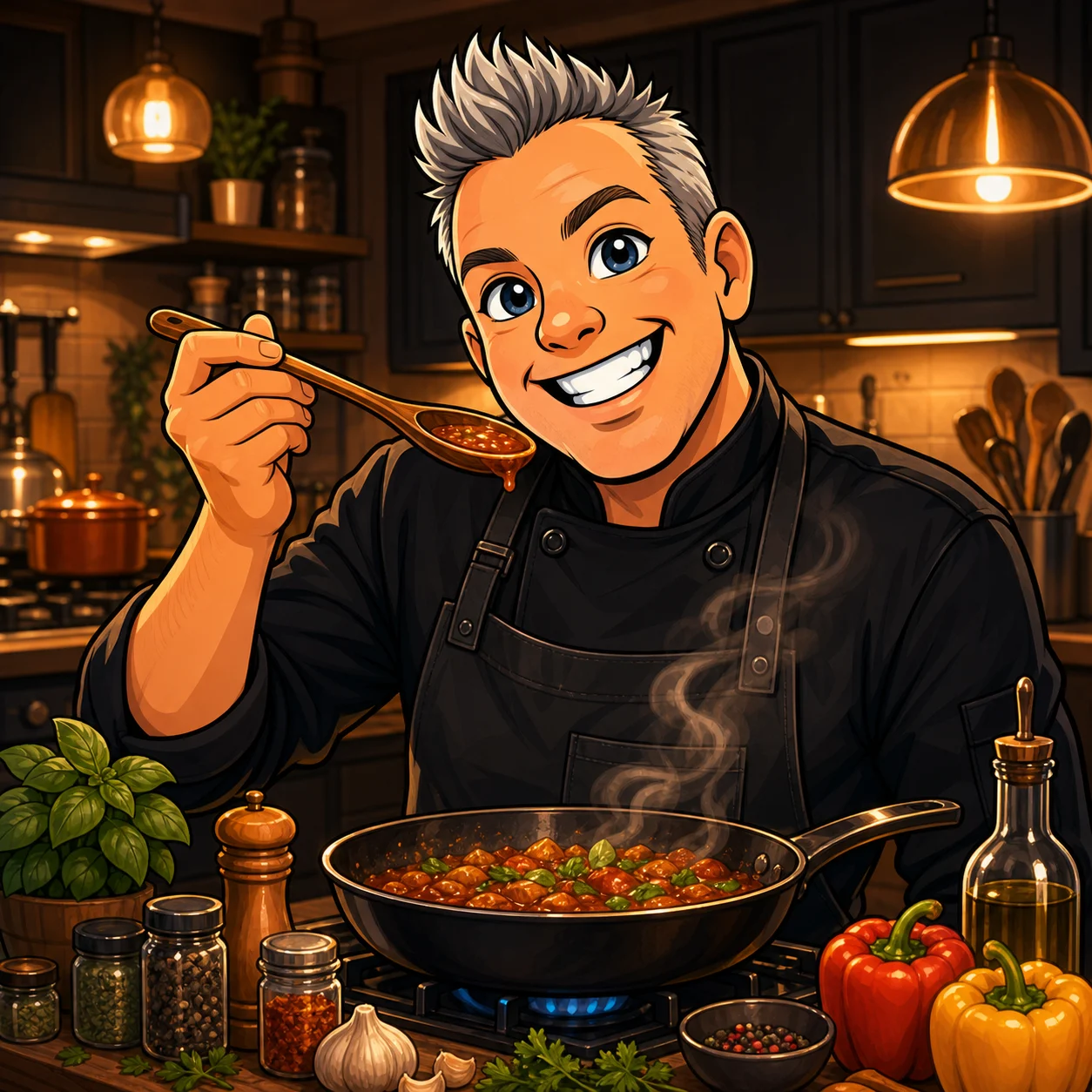 Chef Kevo stirring a skillet in a warm cartoon kitchen