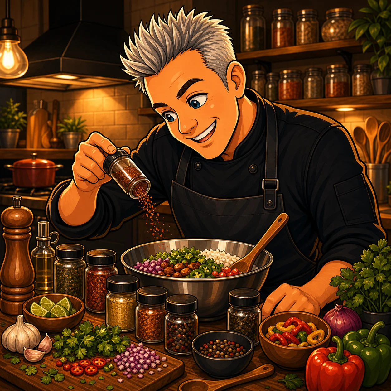 Chef Kevo adding spices to a bowl