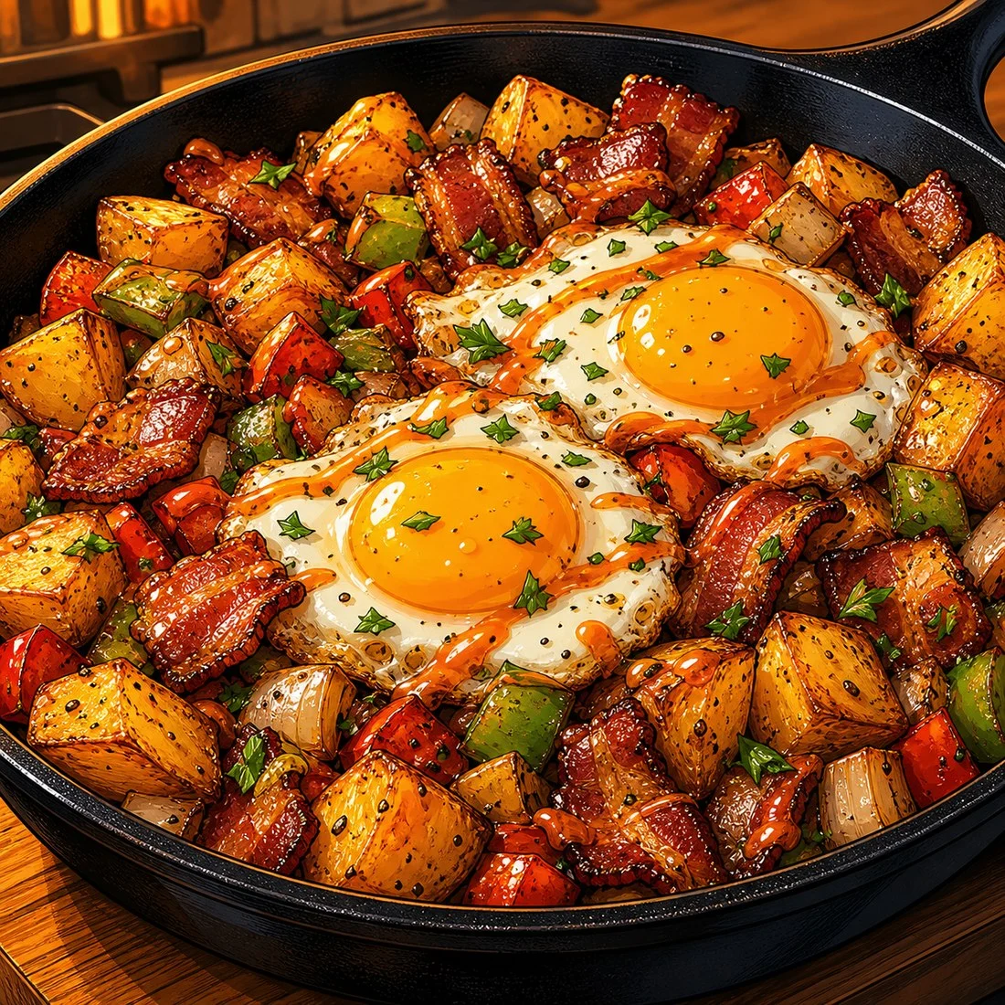 Maple bacon breakfast hash with eggs and peppers