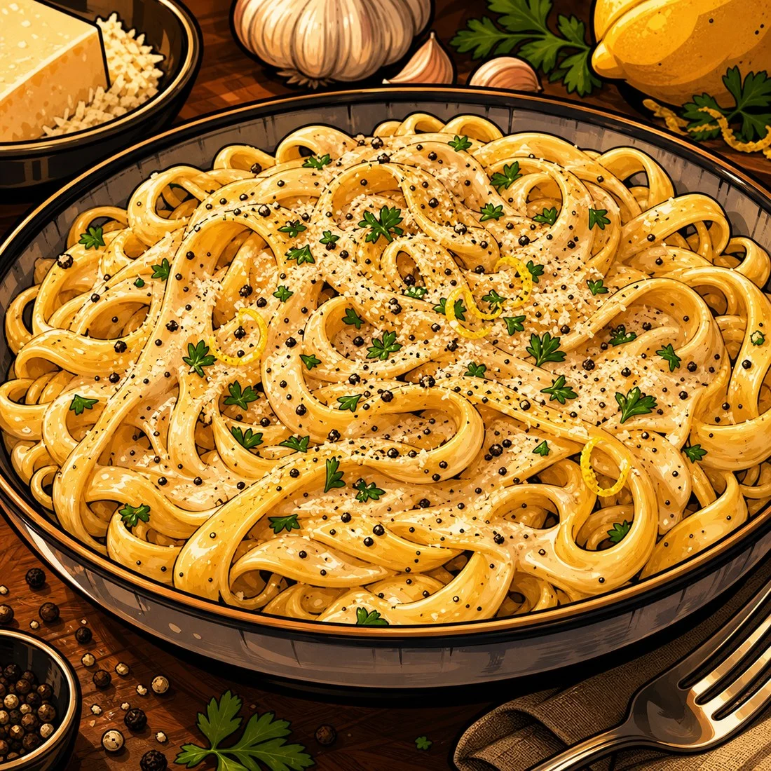 Creamy pepper pasta with parmesan and parsley