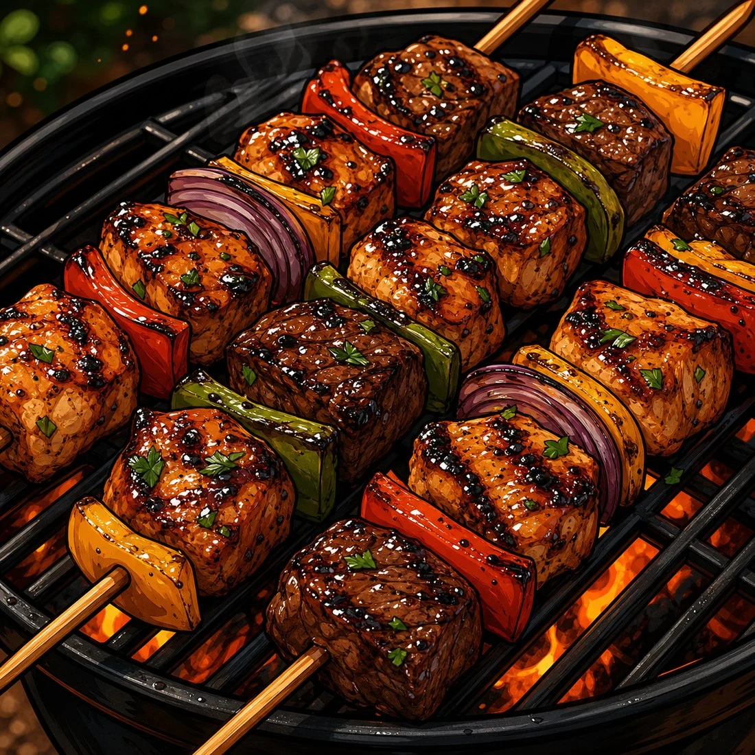 Grilled skewers with peppers and charred edges