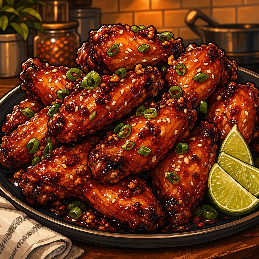 Sticky spicy honey garlic wings with sesame, green onion, and lime