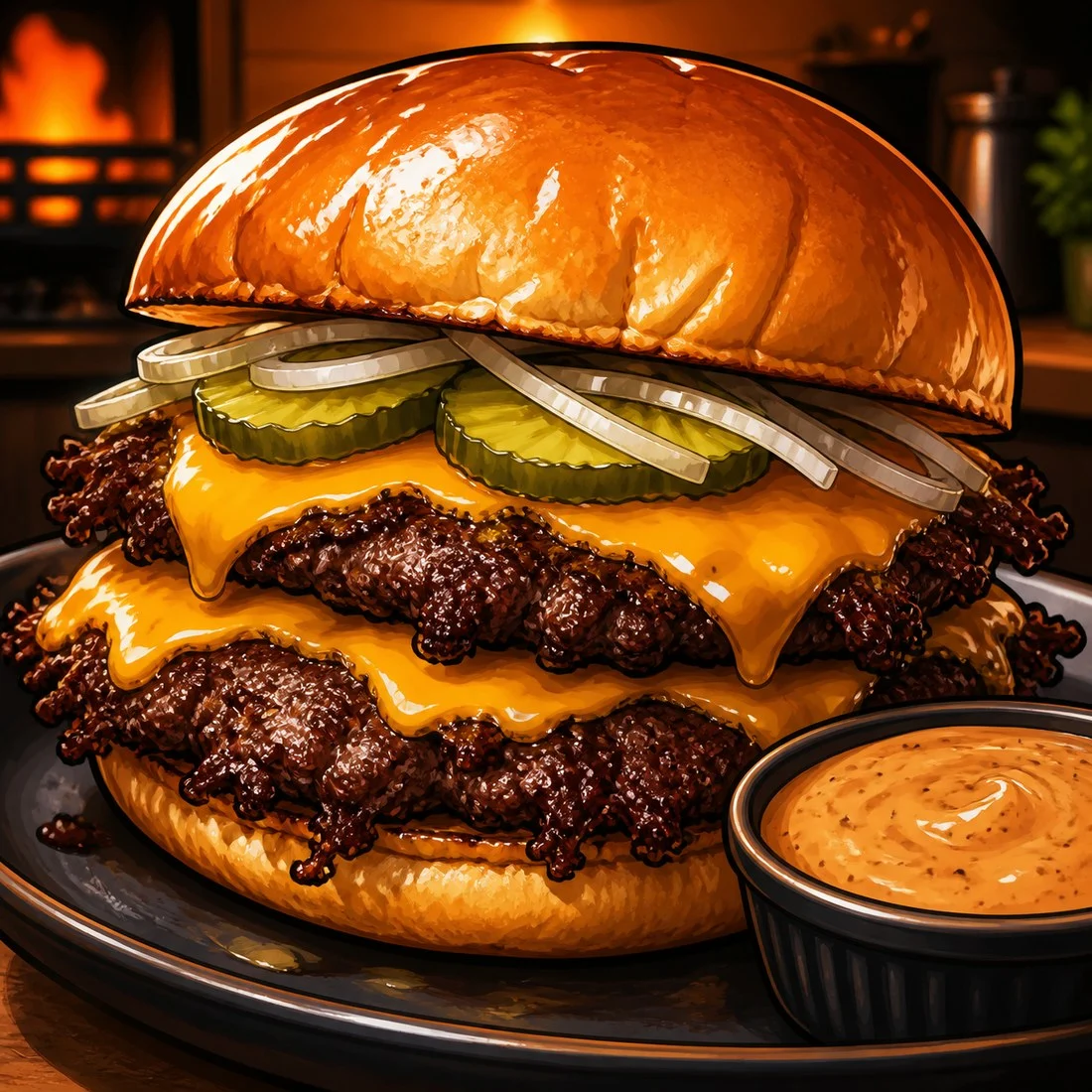 Double smash burger with cheddar, pickles, onions, and burger sauce