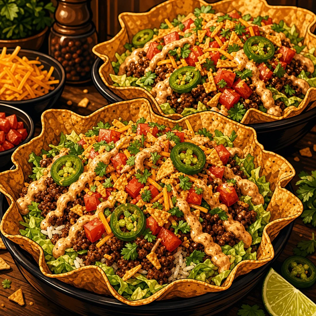 Crispy taco crunch bowls with fresh toppings